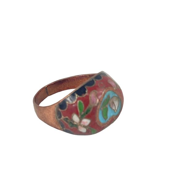 Vintage Cloisonné Ring Chinese Export Enamel Floral Design Copper Base Unique Ar - Picture 2 of 12
